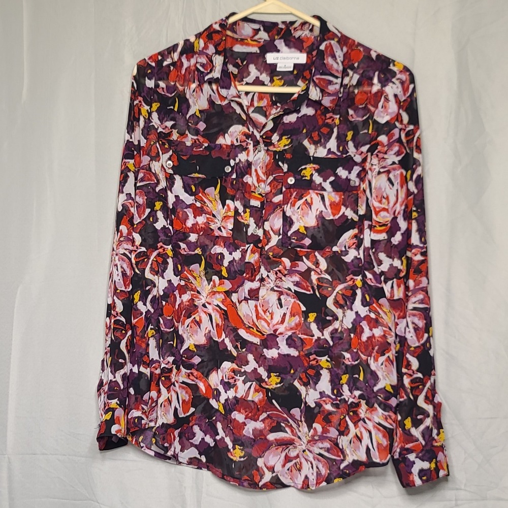 Liz Claiborne Floral Blouse S Bold Abstract Red Purple Whimsigoth Boho Retro